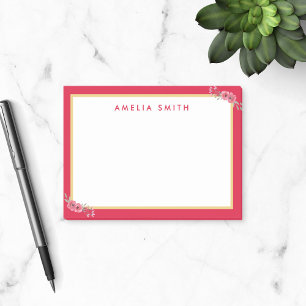 Chic Personalized Name Pink Border Pink Flowers Post-it Notes