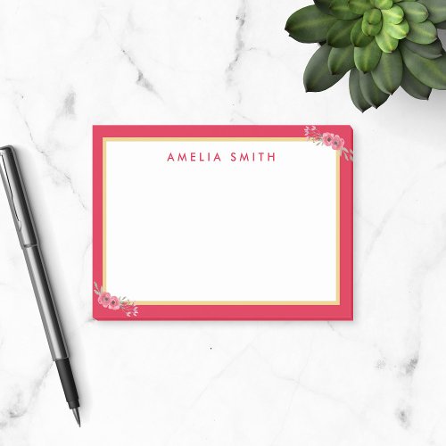 Chic Personalized Name Pink Border Pink Flowers Post_it Notes