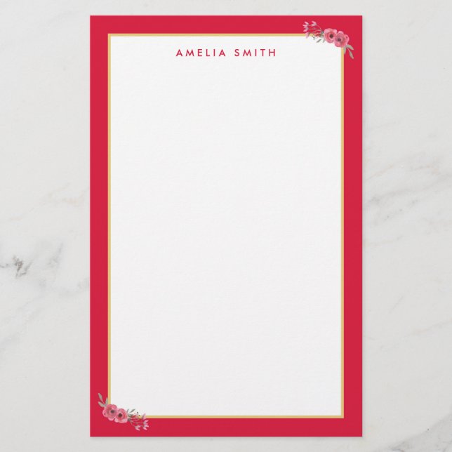 Chic Personalized Name Pink Border Pink Flowers Stationery (Front)