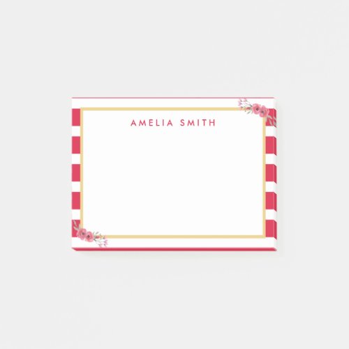 Chic Personalized Name Pink Stripes Pink Flowers Post_it Notes