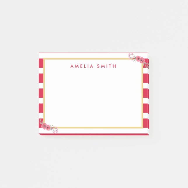 Chic Personalized Name Pink Stripes Pink Flowers Post-it Notes (Front)