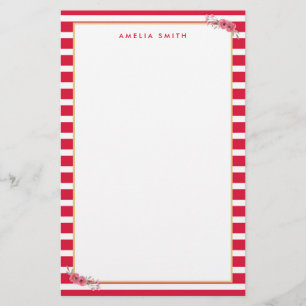 Chic Personalized Name Pink Stripes Pink Flowers Stationery