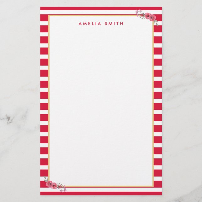 Chic Personalized Name Pink Stripes Pink Flowers Stationery (Front)