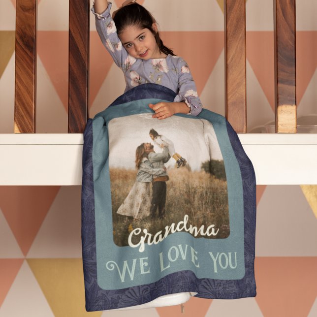 Chic Personalized Photo Text Grandma Gift Blue Fleece Blanket (Creator Uploaded)