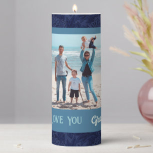 Chic Personalized Photo Text Grandma Gift Blue Pillar Candle
