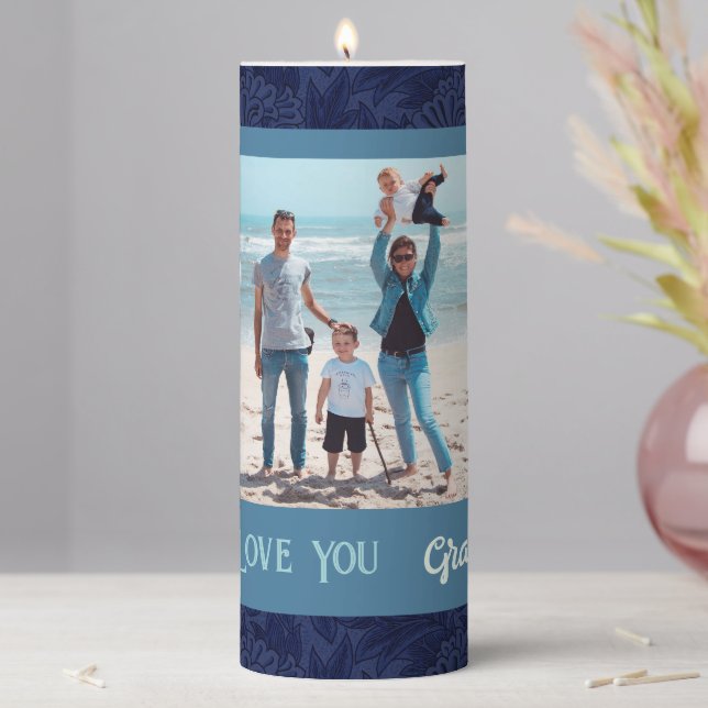 Chic Personalized Photo Text Grandma Gift Blue Pillar Candle (In Situ)
