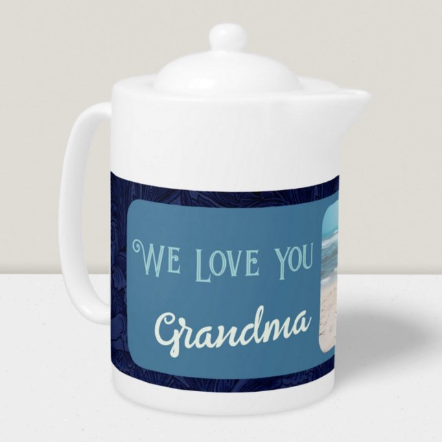Chic Personalized Photo Text Grandma Gift Blue Teapot (Chic Personalized Photo Text Grandma Gift)