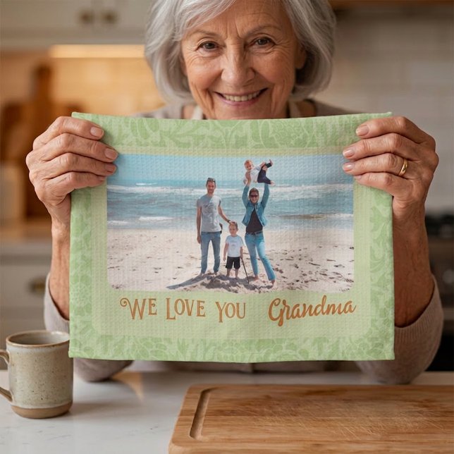 Chic Personalized Photo Text Grandma Gift Green Kitchen Towel (Chic Personalized Photo Text Grandma Gift Green Kitchen Towel)