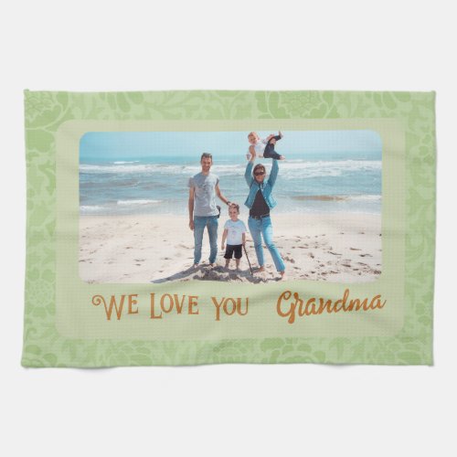 Chic Personalized Photo Text Grandma Gift Green Kitchen Towel