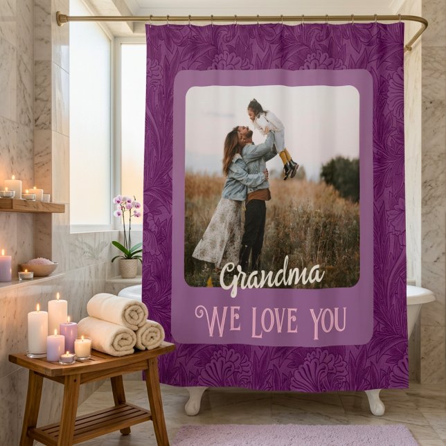 Chic Personalized Photo Text Grandma Gift Red Shower Curtain (Chic Personalized Photo Text Grandma Gift Red Shower Curtain)
