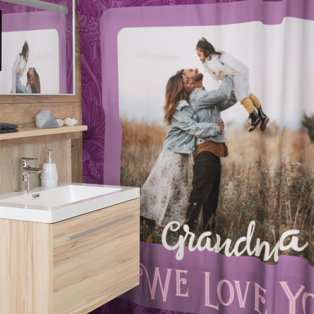 Chic Personalized Photo Text Grandma Gift Red Shower Curtain (Creator Uploaded)