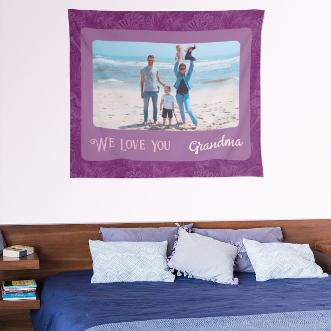Chic Personalized Photo Text Grandma Gift Red Tapestry (Creator Uploaded)