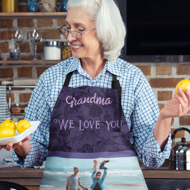 Chic Personalized Photo Text Grandma Gift Violet Apron (Creator Uploaded)