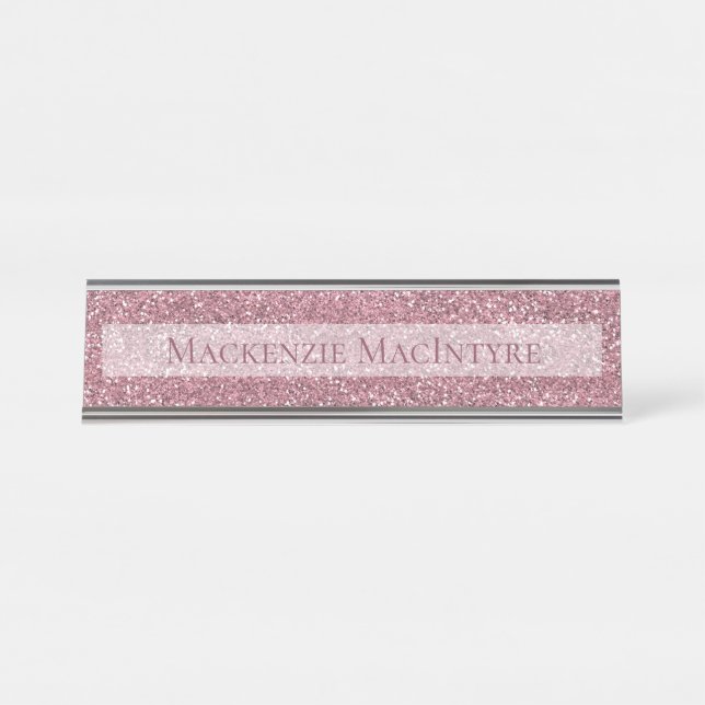 Chic Personalized Pink Glitter | Rose Gold Desk Name Plate (Front)