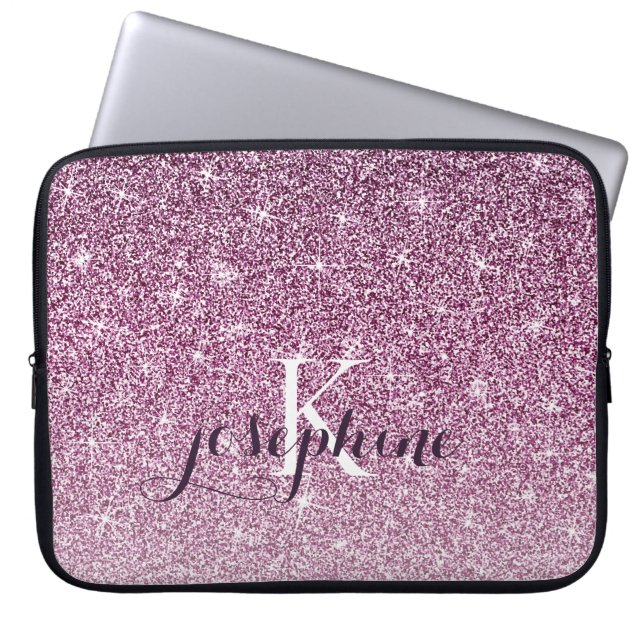 Chic Personalized Purple Sparkle Glitter Monogram Laptop Sleeve (Front)
