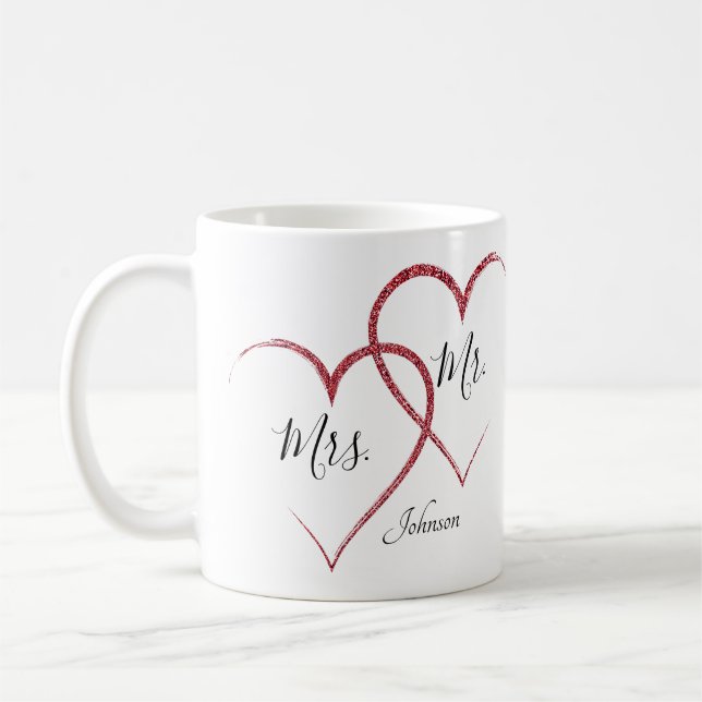 Chic Personalized Red Glitter Hearts Coffee Mug (Left)