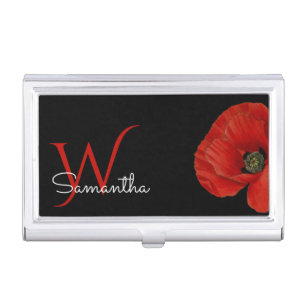 Chic personalized Red poppy flower on black Business Card Case