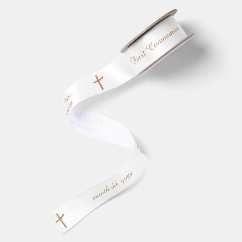 Chic Personalized Religious Golden Cross on White Satin Ribbon