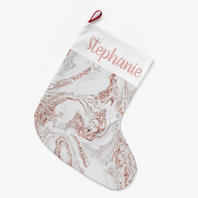 Chic Personalized Rose Gold Faux Marble Large Christmas Stocking (Front (Hanging))