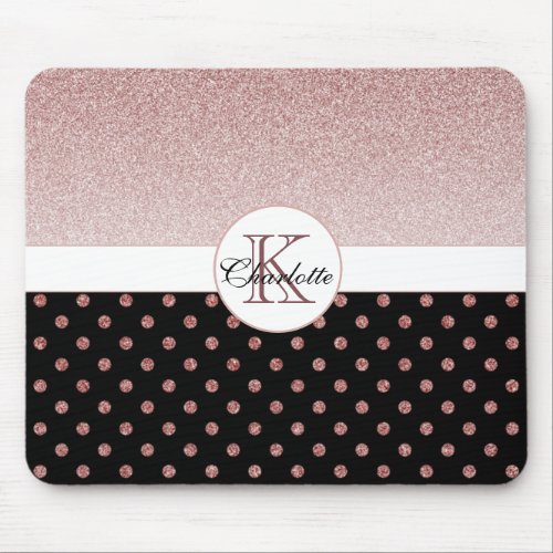 Chic Personalized Rose Gold Glitter Polka Dot Name Mouse Pad