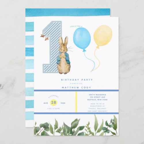 Chic Peter Rabbit Boys 1st Birthday Party  Invitation