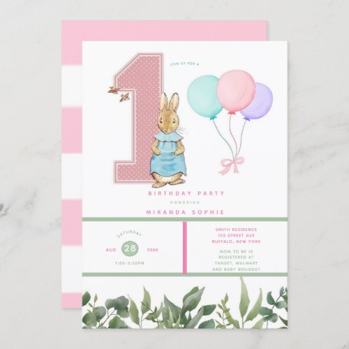 Chic Peter Rabbit Girl 1st Birthday Party  Invitation