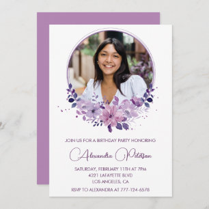 Chic Photo 27th birthday invitation Floral Purple