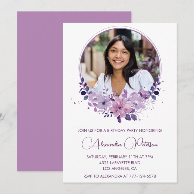 Chic Photo 28th birthday invitation Floral Purple (Front/Back)