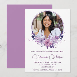 Chic Photo 32nd birthday invitation Floral Purple