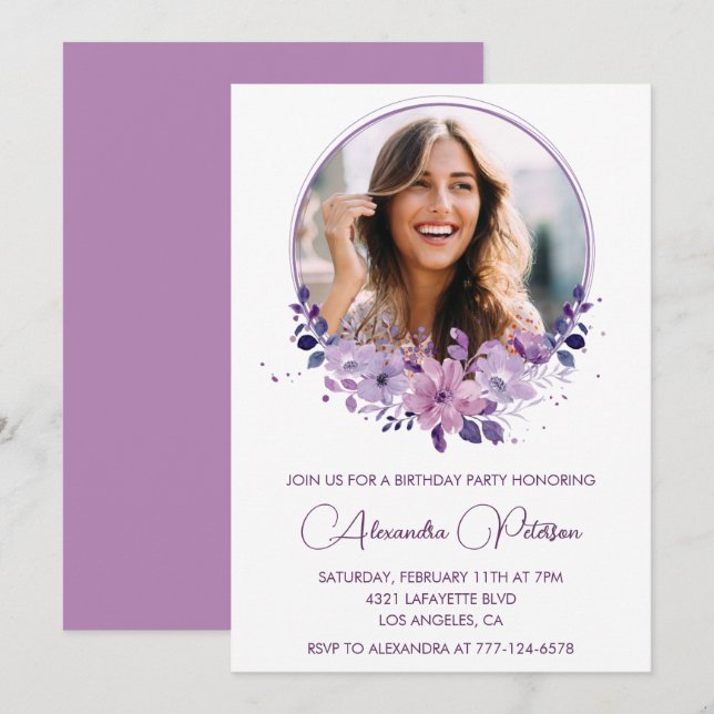 Chic Photo 37th birthday invitation Floral Purple (Front/Back)