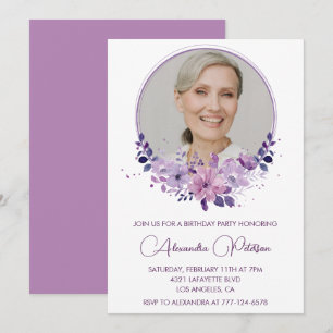 Chic Photo 73rd birthday invitation Floral Purple