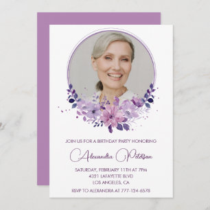 Chic Photo 81st birthday invitation Floral Purple