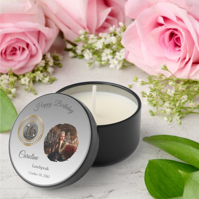 Chic Photo & Black Glitter Sweet 16 Birthday Mini Candle Favors (Insitu (Wedding))
