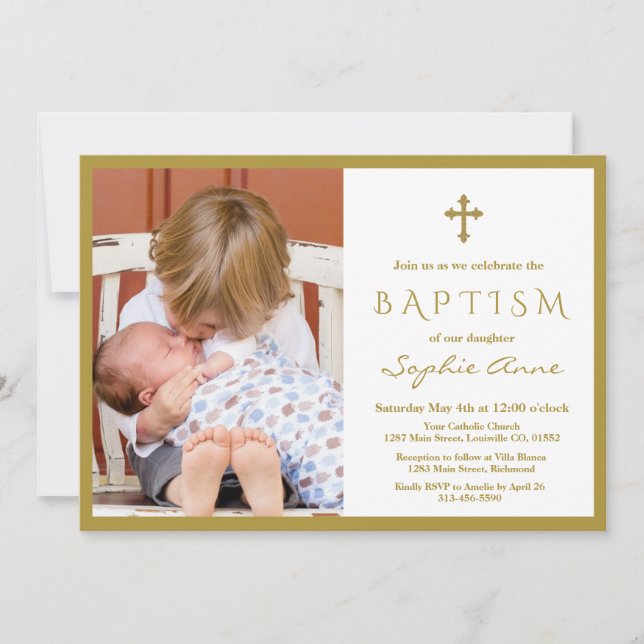 Chic Photo Boy Gold Cross Baptism Invitation (Front)