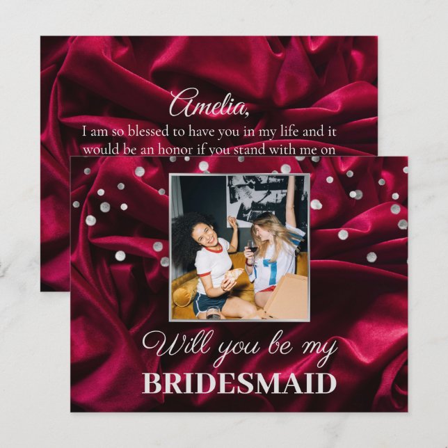 Chic Photo Burgundy Silk Will You Be My Bridesmaid Postcard (Front/Back)