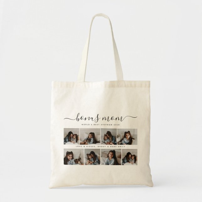 Chic Photo Collage Bonus Mom Stylish Mothers Day Tote Bag (Front)