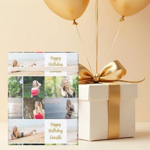 Chic Photo Collage Happy Birthday Gold Script Wrapping Paper