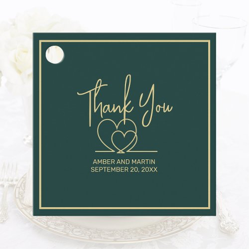 Chic Photo Dark Green Gold Heart Guest Thank You Favor Tags