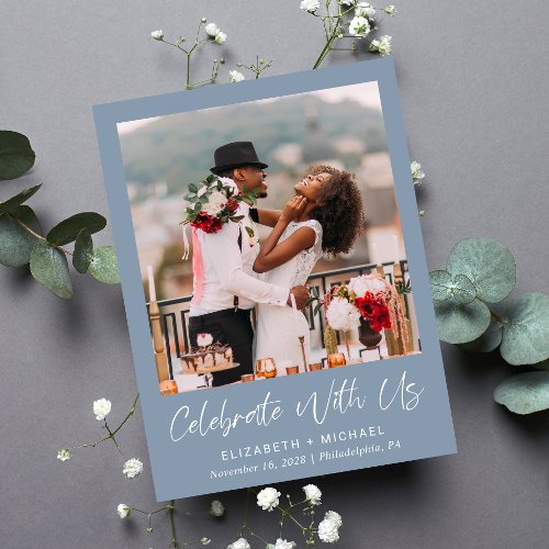 Chic Photo Dusty Blue Wedding Reception Invitation Postcard