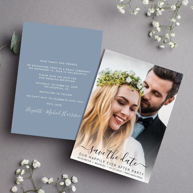 Chic Photo Dusty Blue Wedding Reception  Save The Date (A stylish save the date announcement for a reception to celebrate your elopement or private wedding )
