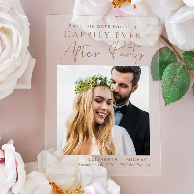 Chic Photo Gold Wedding Reception Save The Date (Celebrate your Happily Ever After in style with our elegant acrylic wedding reception save the date)