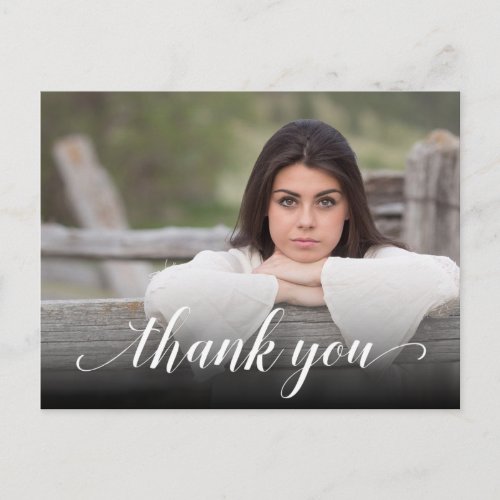 Chic Photo Graduation White Script Thank You Postcard