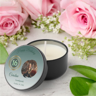 Chic Photo & Green Glitter Sweet 16 Birthday Mini Candle Favors