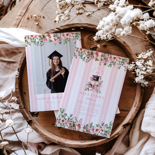 Chic Photo Pink Floral Graduation Party Invitation (Creator Uploaded)