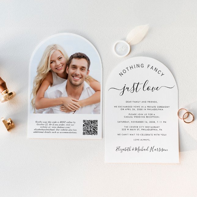 Chic Photo QR Code Arch Wedding Reception Invitation (Celebrate your love story with a chic arch-shaped elopement announcement and reception invitation)