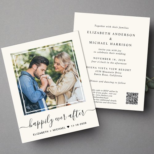 Chic Photo QR Code Budget Cream Wedding Invitation