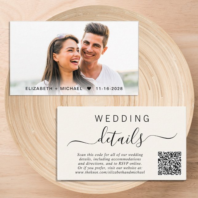 Chic Photo QR Code Cream Wedding Details Enclosure Card (Our user-friendly template will generate your QR code automatically from your website address)