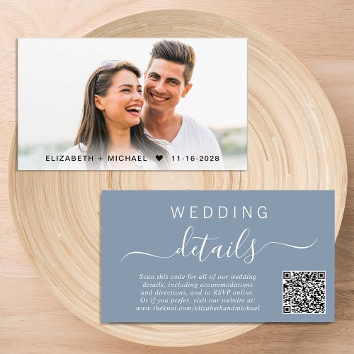 Chic Photo QR Code Dusty Blue Wedding Details Enclosure Card