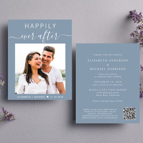 Chic Photo QR Code Dusty Blue Wedding Invitation