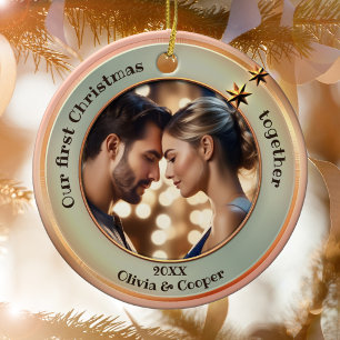 Chic Photo Rose Gold First Christmas Together Ceramic Ornament